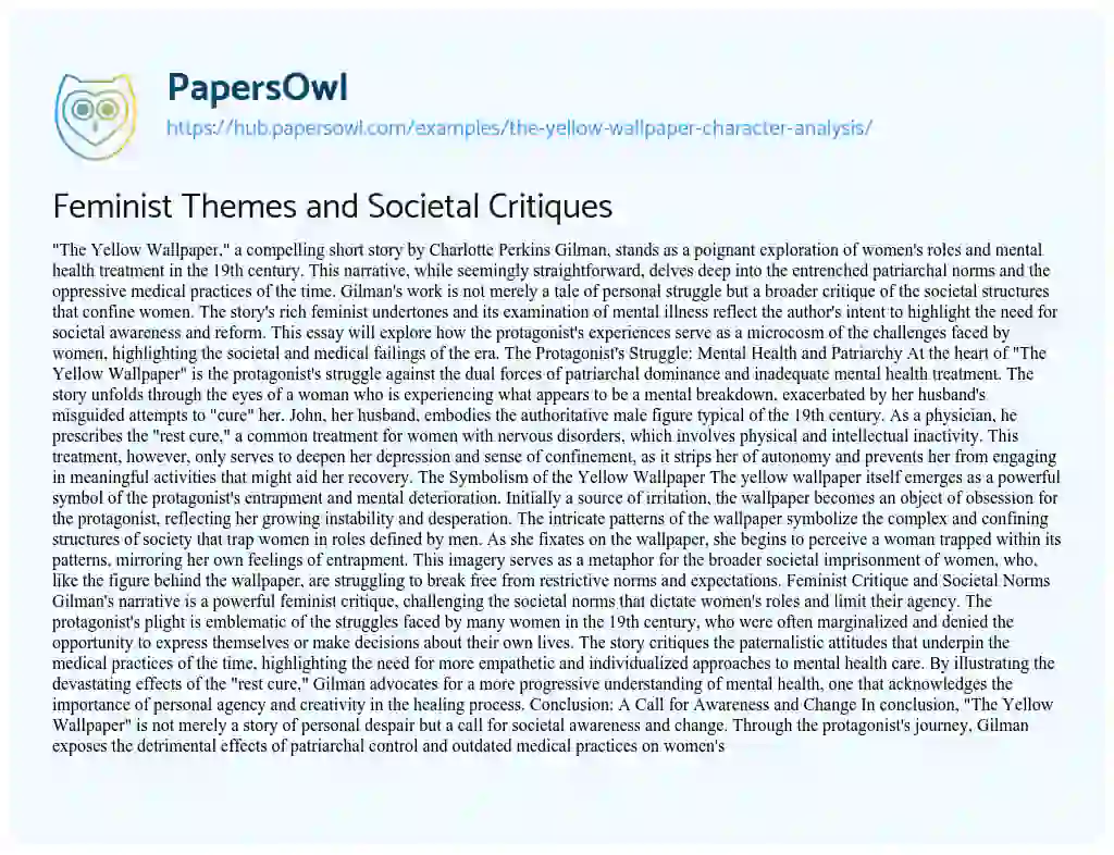 Essay on Feminist Themes and Societal Critiques