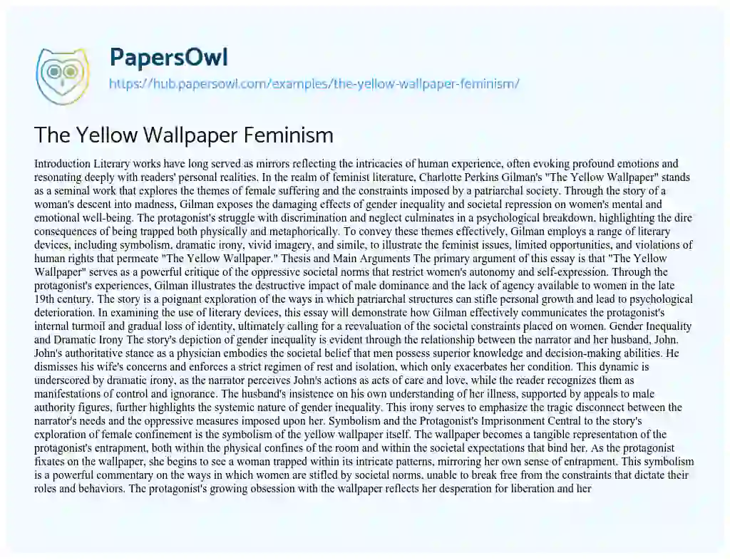 Essay on The Yellow Wallpaper Feminism