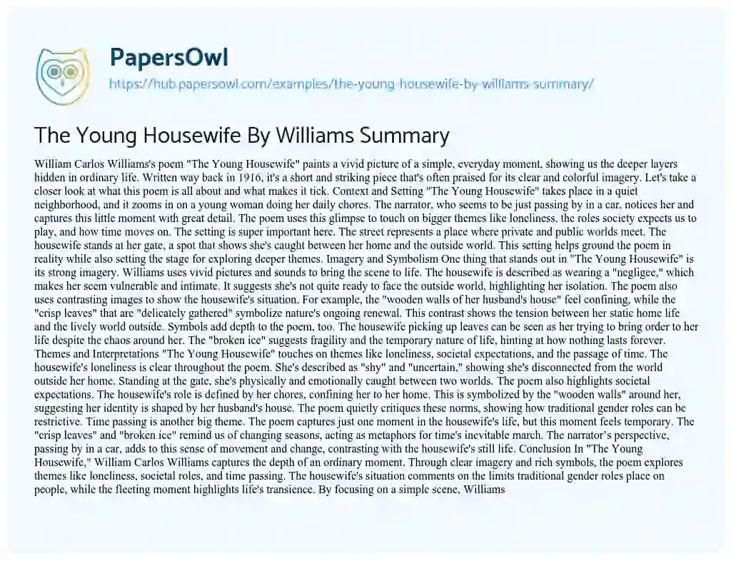 Essay on The Young Housewife By Williams Summary