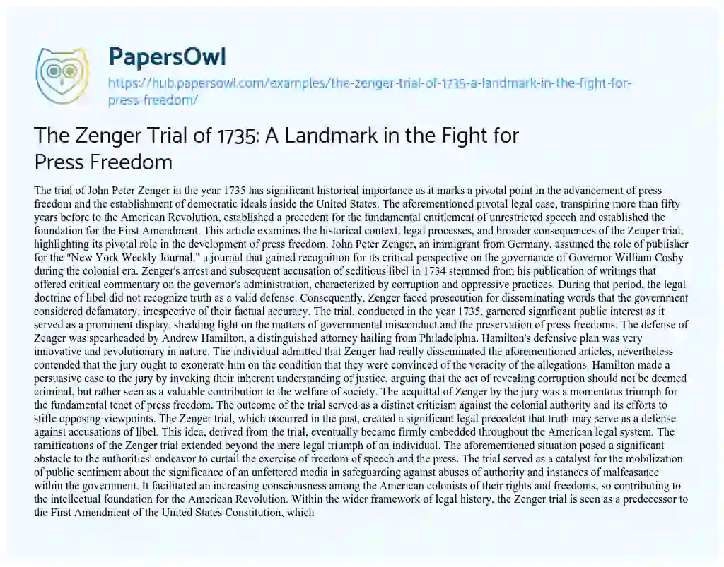Essay on The Zenger Trial of 1735: A Landmark in the Fight for Press Freedom