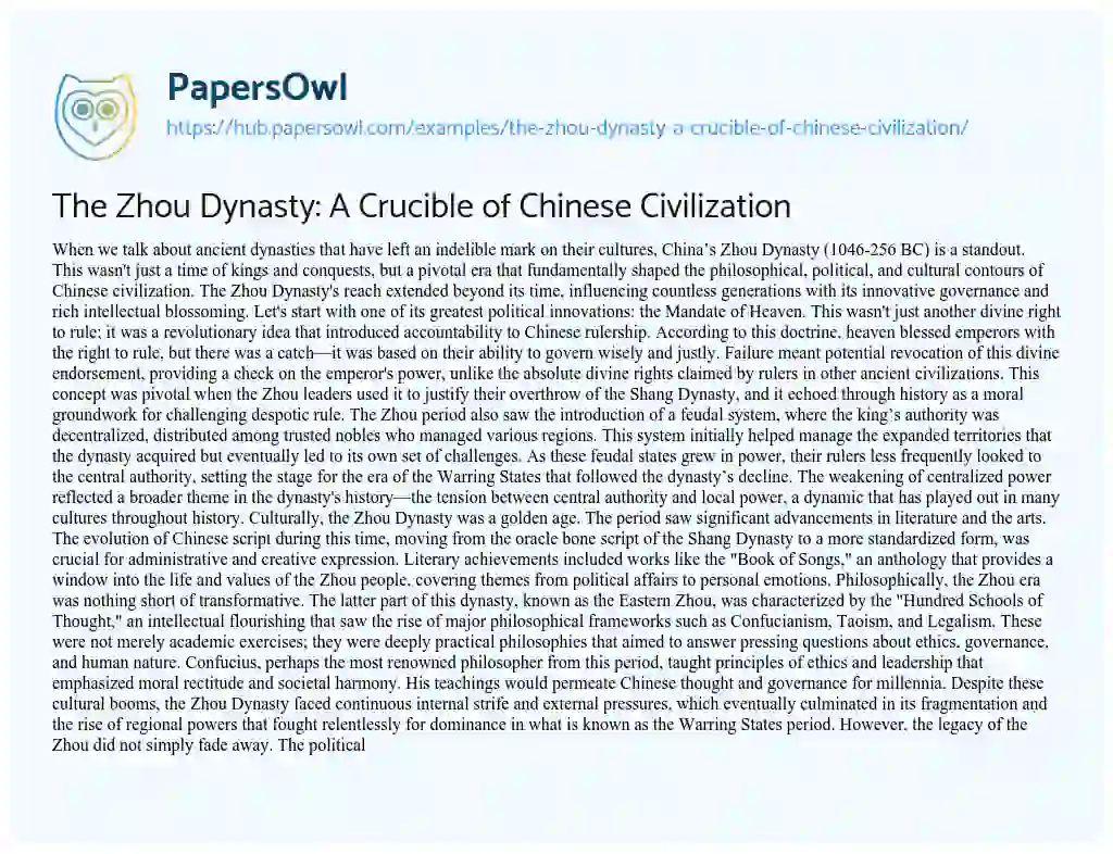 Essay on The Zhou Dynasty: A Crucible of Chinese Civilization