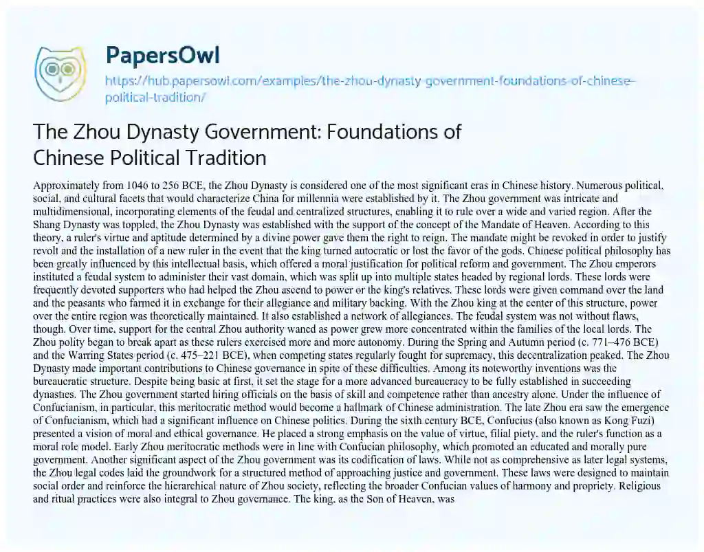 Essay on The Zhou Dynasty Government: Foundations of Chinese Political Tradition