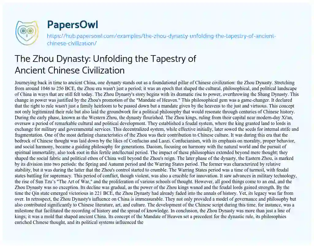 Essay on The Zhou Dynasty: Unfolding the Tapestry of Ancient Chinese Civilization