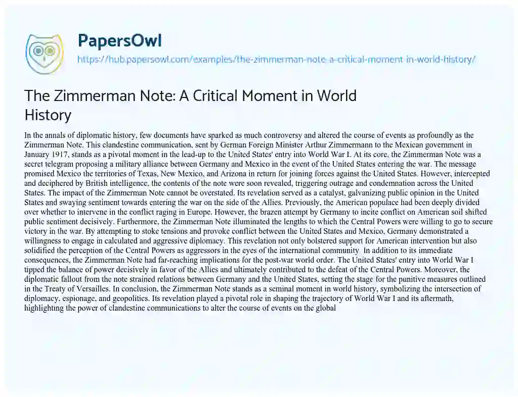 Essay on The Zimmerman Note: A Critical Moment in World History