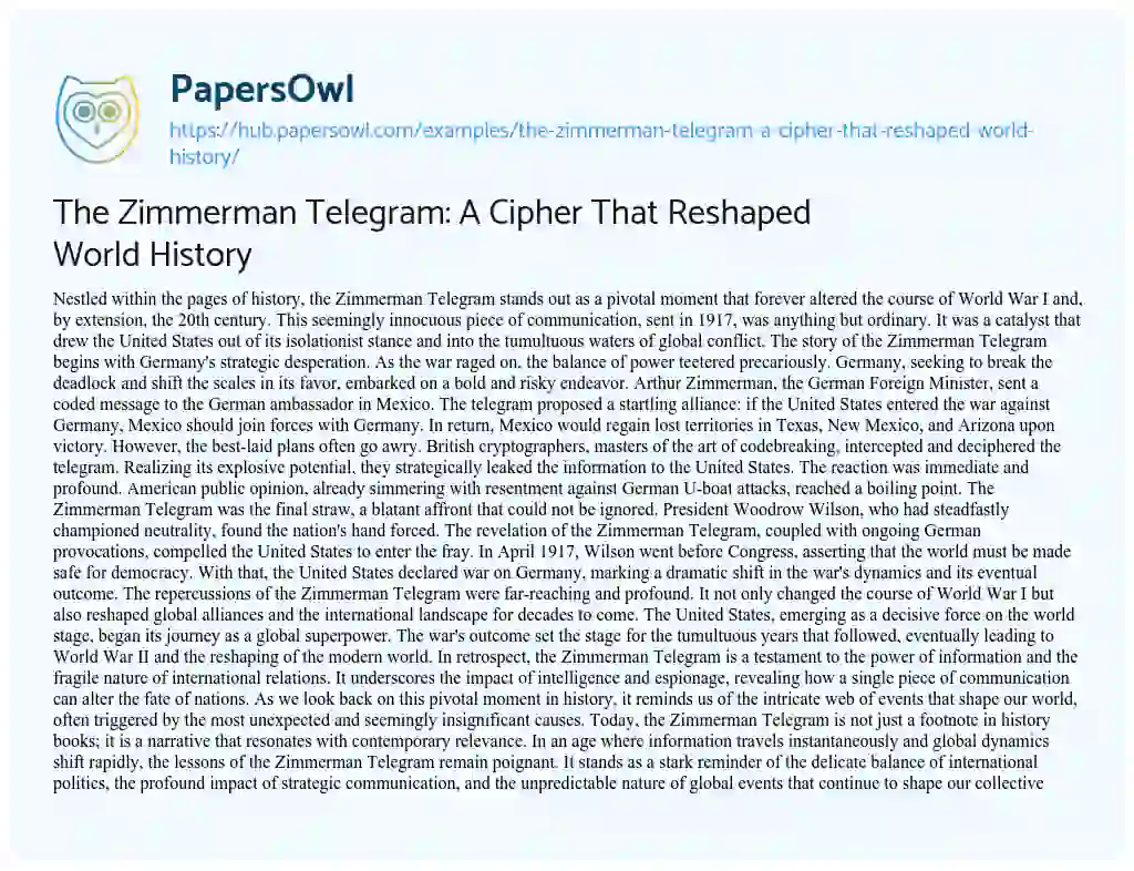 Essay on The Zimmerman Telegram: A Cipher That Reshaped World History