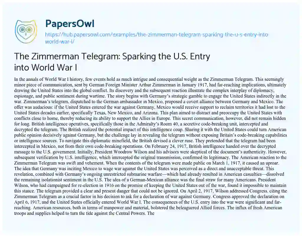 Essay on The Zimmerman Telegram: Sparking the U.S. Entry into World War I