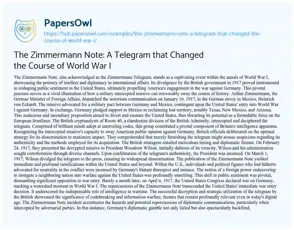 Essay on The Zimmermann Note: A Telegram that Changed the Course of World War I