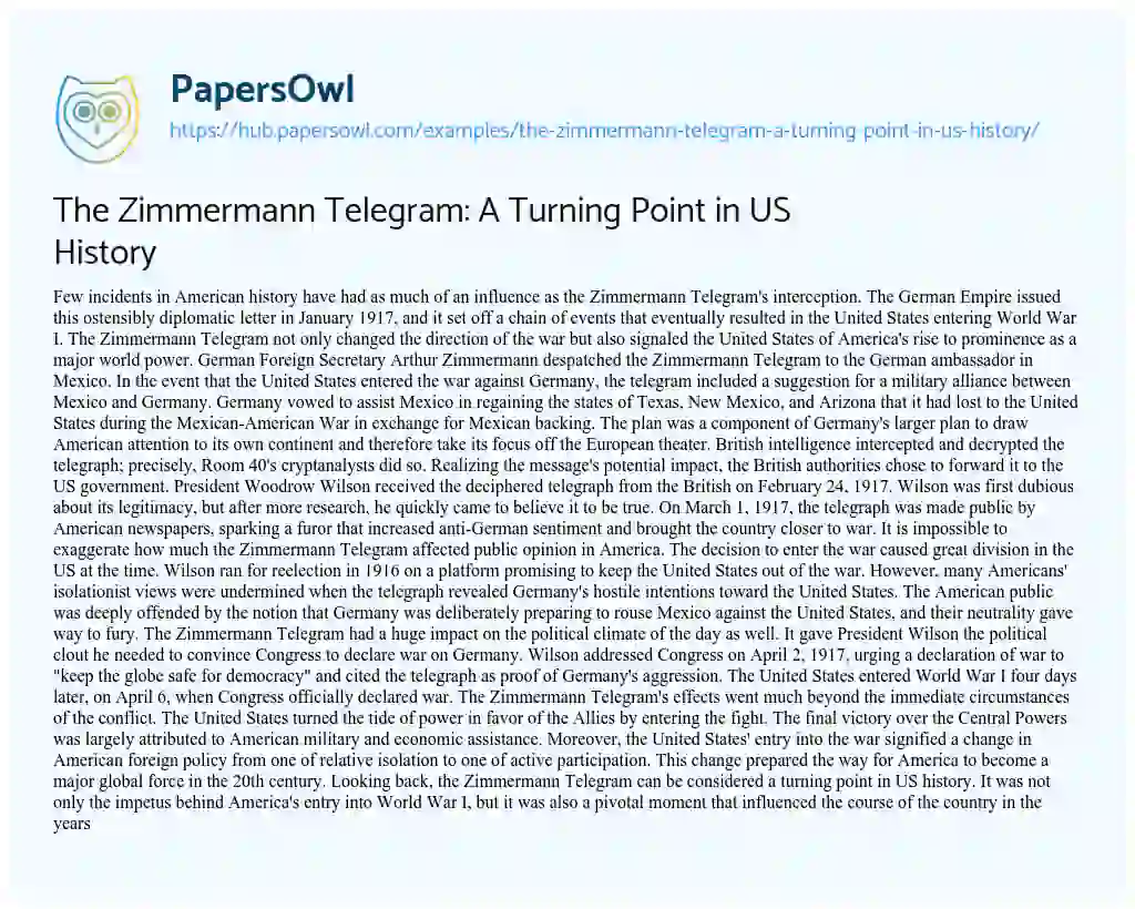 Essay on The Zimmermann Telegram: A Turning Point in US History