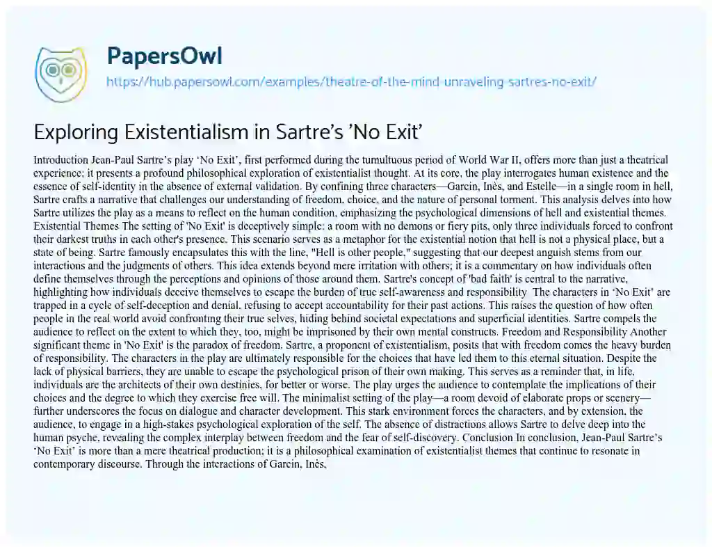 Essay on Exploring Existentialism in Sartre’s ‘No Exit’