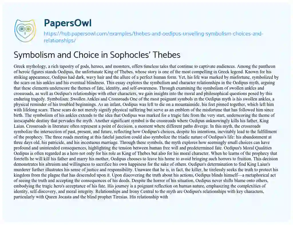 Essay on Symbolism and Choice in Sophocles’ Thebes