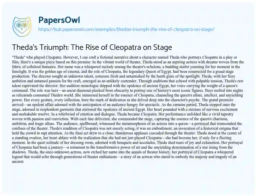 Essay on Theda’s Triumph: The Rise of Cleopatra on Stage