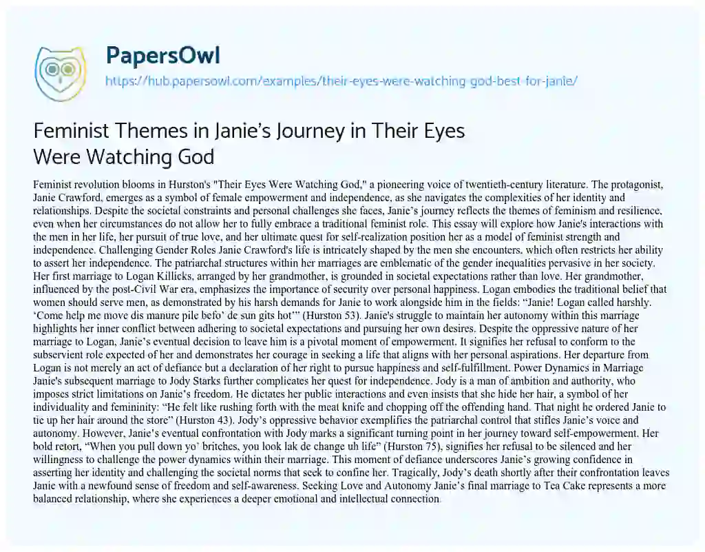 Essay on Feminist Themes in Janie’s Journey in Their Eyes Were Watching God