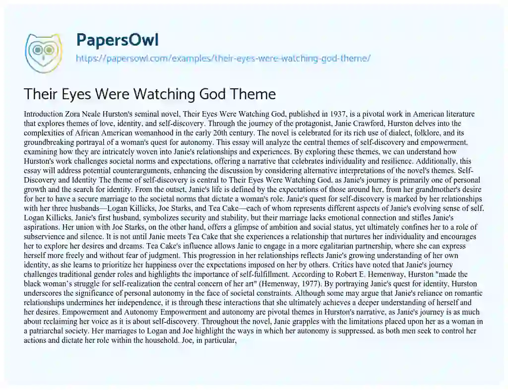 Essay on Their Eyes Were Watching God Theme