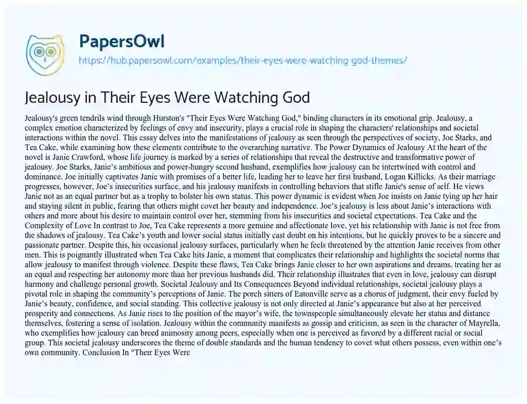 Essay on Jealousy in Their Eyes Were Watching God