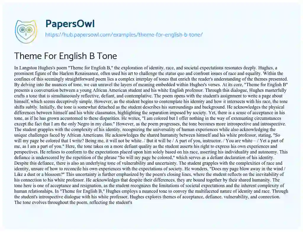 Essay on Theme For English B Tone