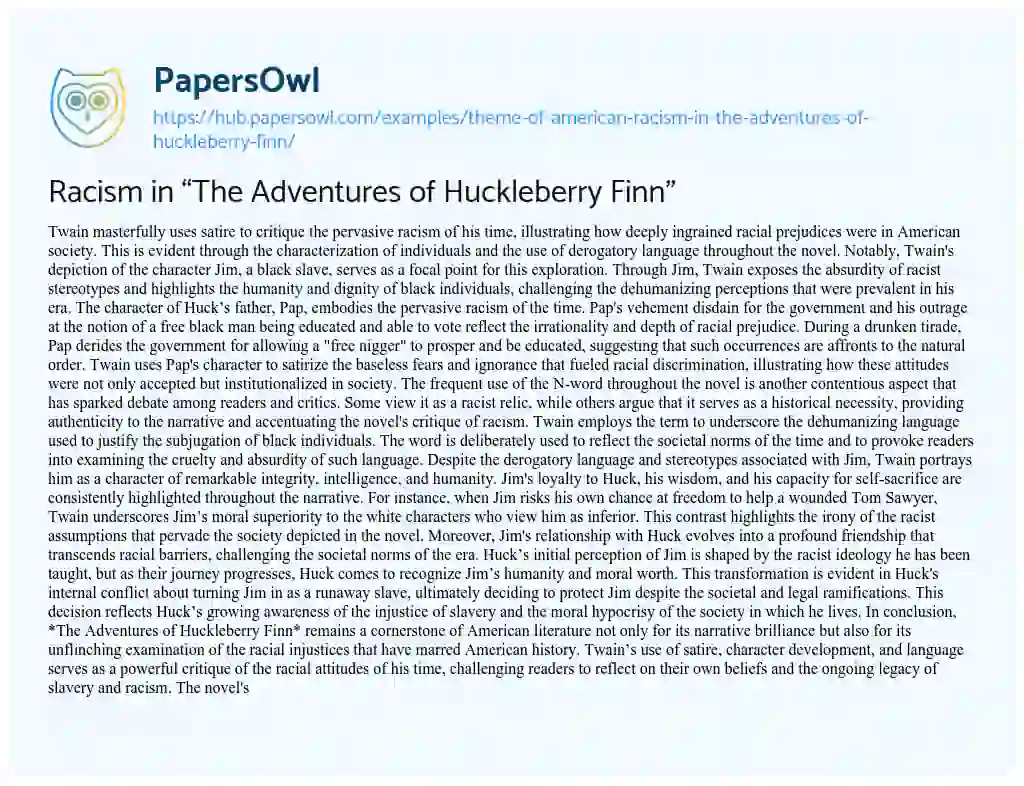 Essay on Racism in “The Adventures of Huckleberry Finn”