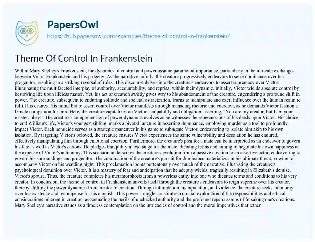 Essay on Theme Of Control In Frankenstein