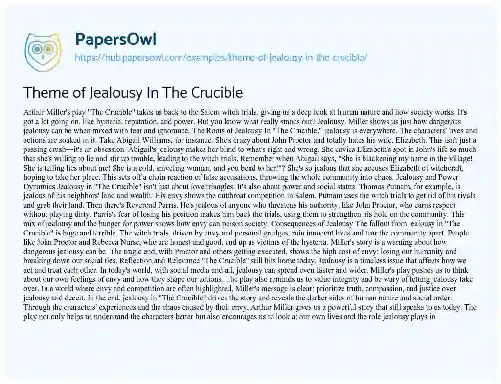 Essay on Theme of Jealousy In The Crucible