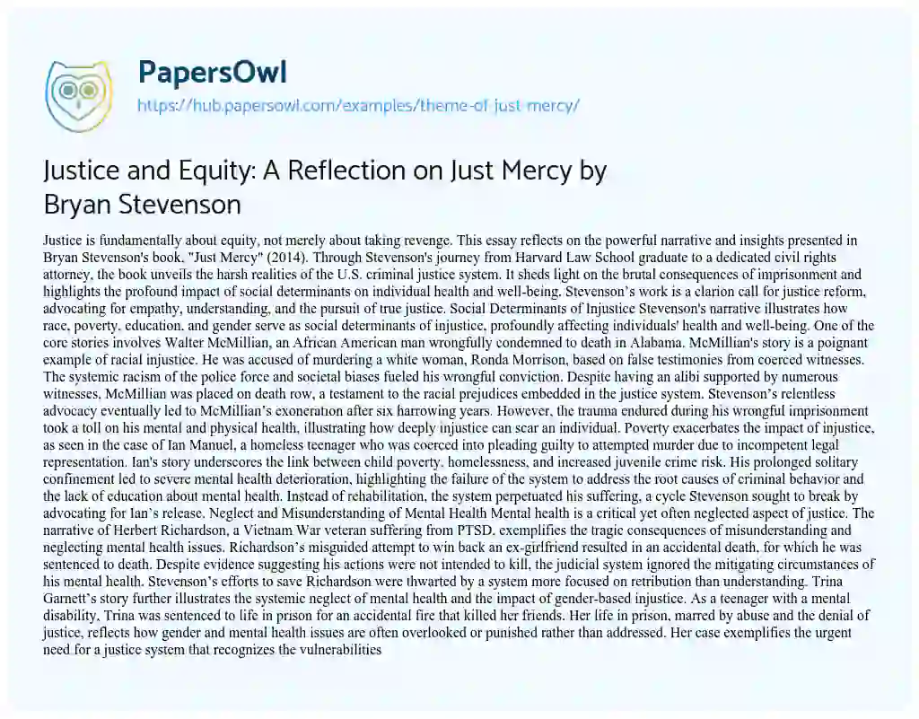 Essay on Justice and Equity: A Reflection on Just Mercy by Bryan Stevenson