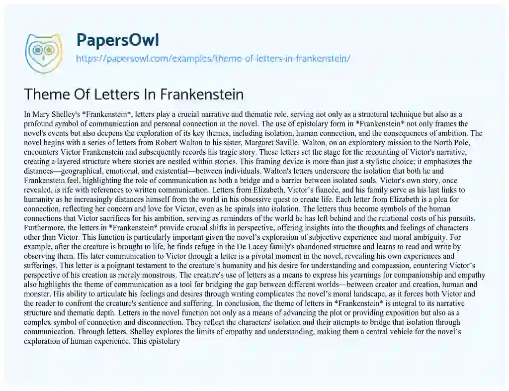 Essay on Theme Of Letters In Frankenstein