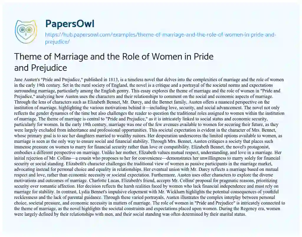 Essay on Theme of Marriage and the Role of Women in Pride and Prejudice