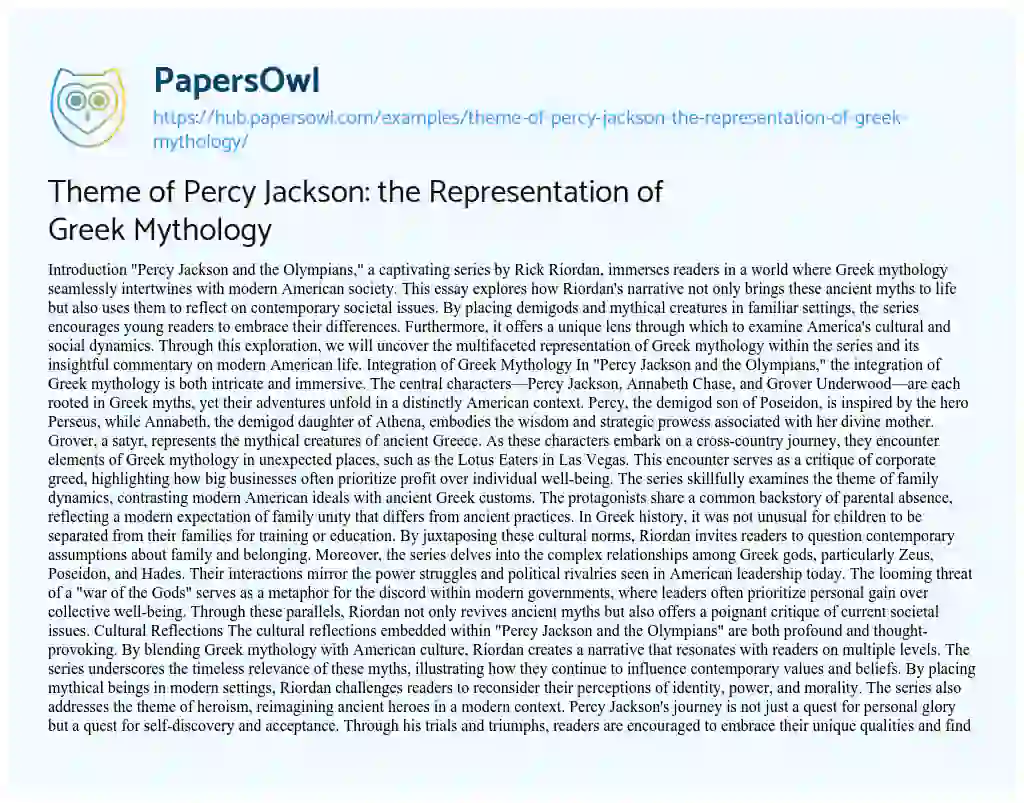 Essay on Theme of Percy Jackson: the Representation of Greek Mythology