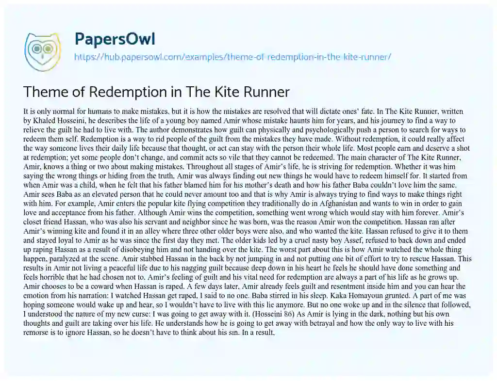 Essay on Theme of Redemption in The Kite Runner