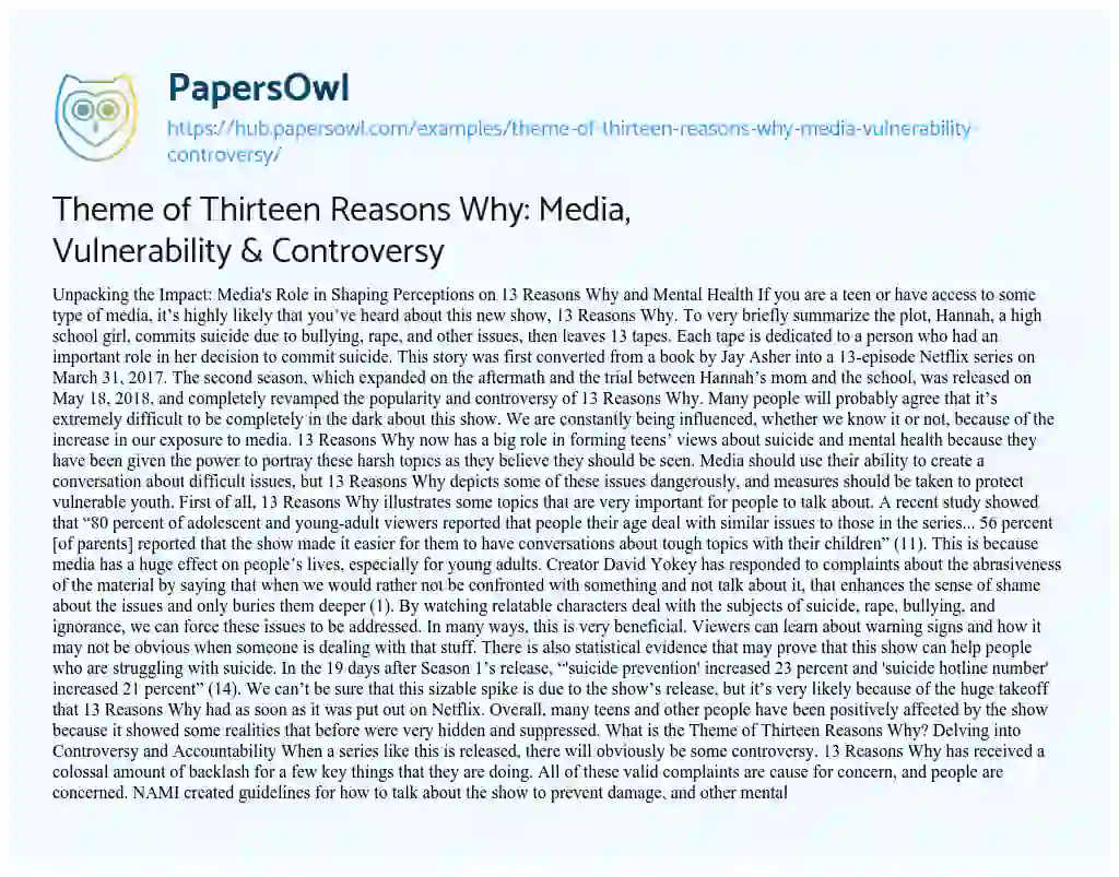 Essay on Theme of Thirteen Reasons Why: Media, Vulnerability & Controversy