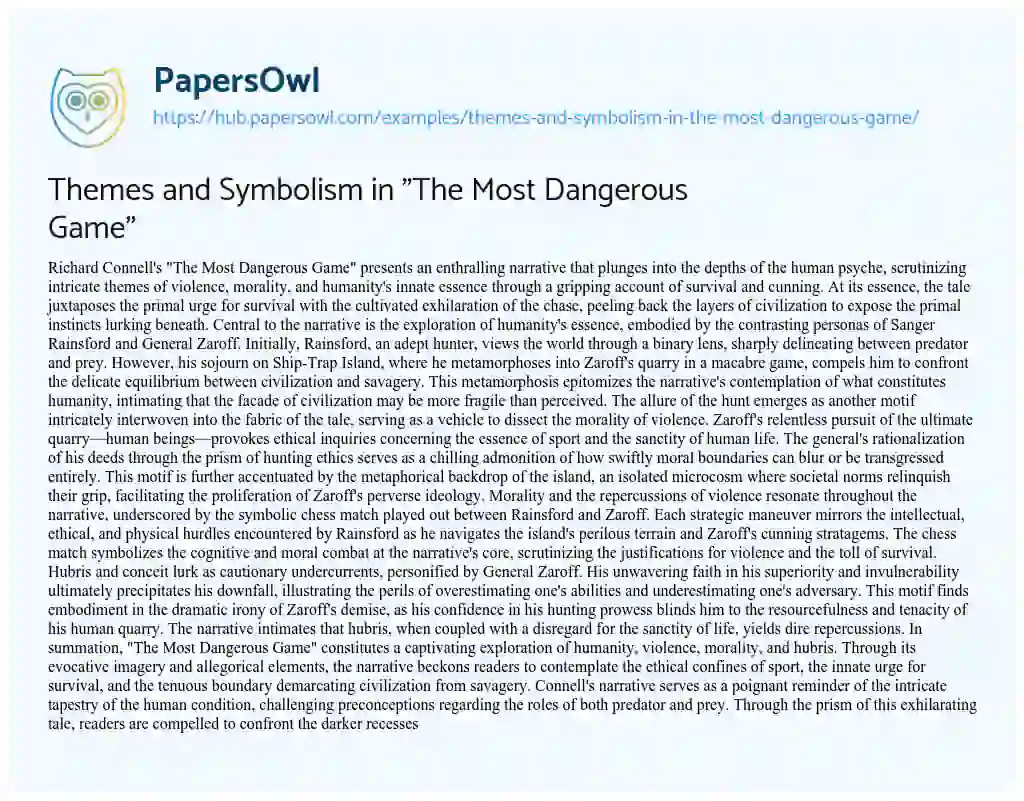 Essay on Themes and Symbolism in “The Most Dangerous Game”