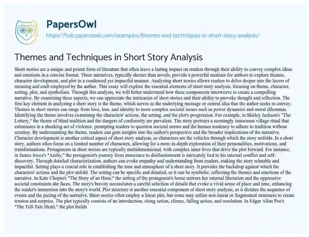 Essay on Themes and Techniques in Short Story Analysis