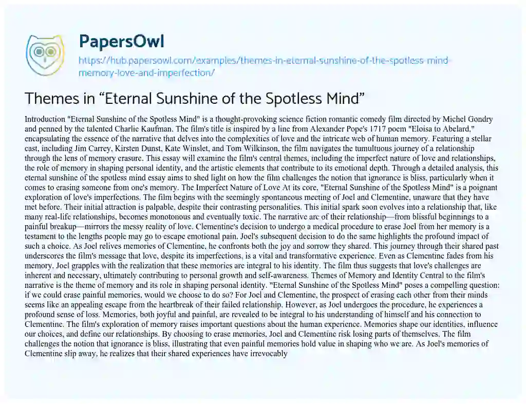 Essay on Themes in “Eternal Sunshine of the Spotless Mind”