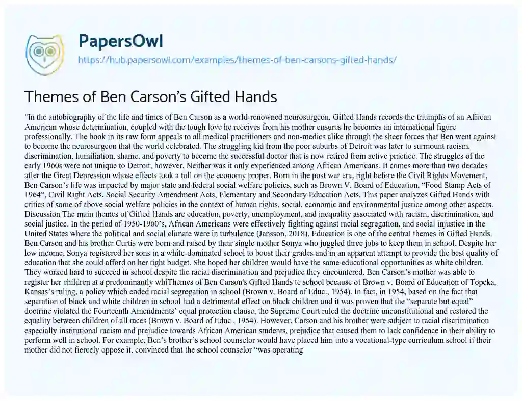Essay on Themes of Ben Carson’s Gifted Hands