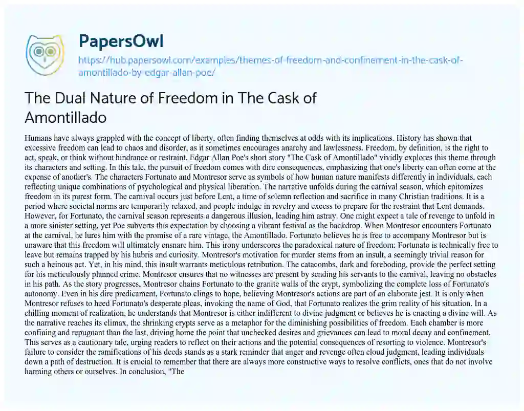 Essay on The Dual Nature of Freedom in The Cask of Amontillado