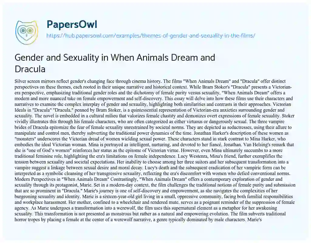 Essay on Gender and Sexuality in When Animals Dream and Dracula