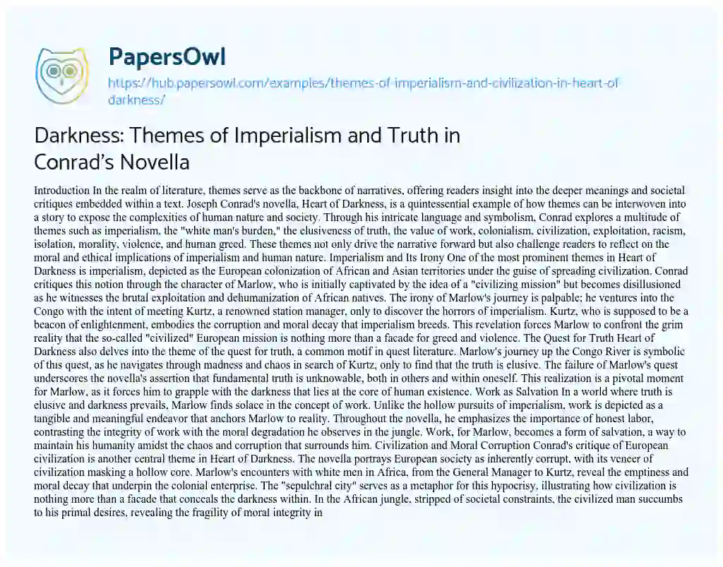 Essay on Darkness: Themes of Imperialism and Truth in Conrad’s Novella