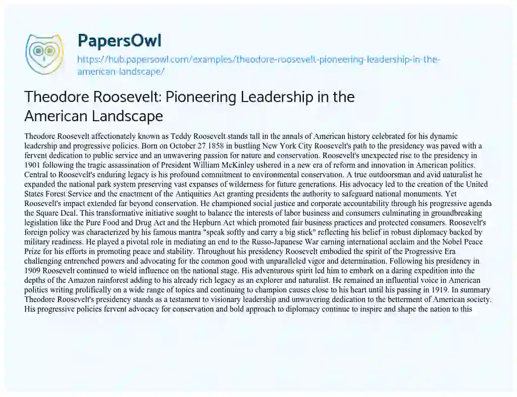 Essay on Theodore Roosevelt: Pioneering Leadership in the American Landscape