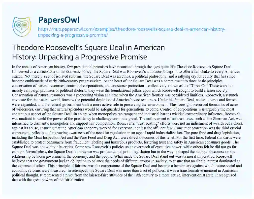 Essay on Theodore Roosevelt’s Square Deal in American History: Unpacking a Progressive Promise