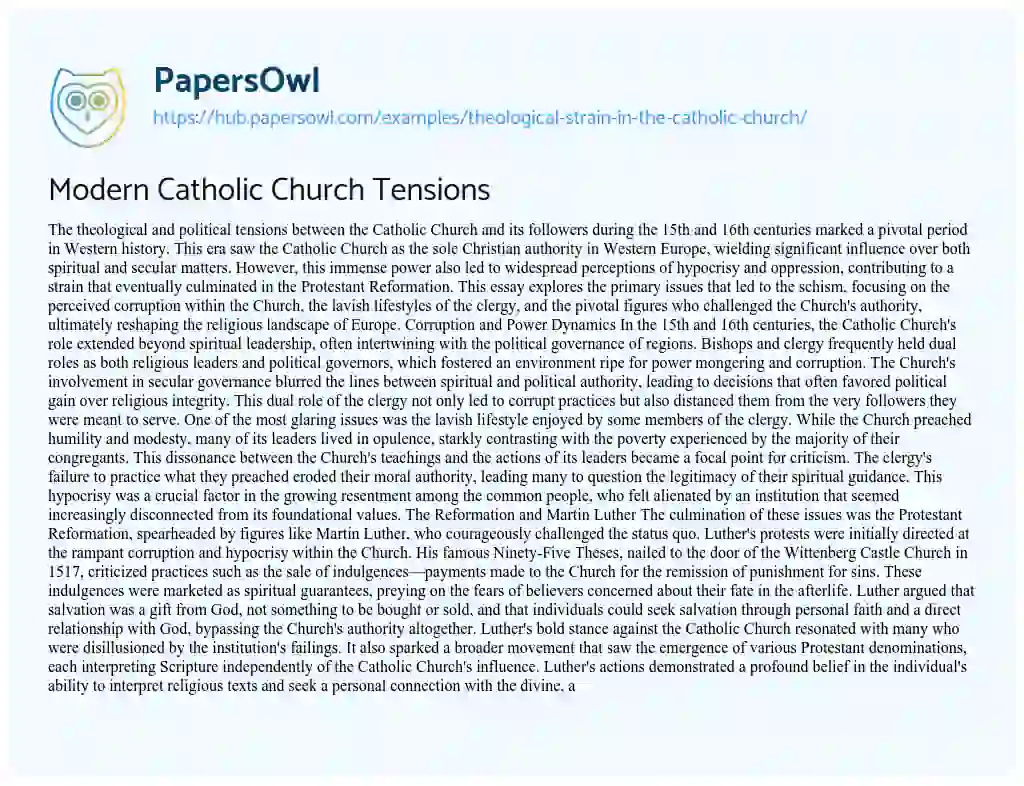 Essay on Modern Catholic Church Tensions