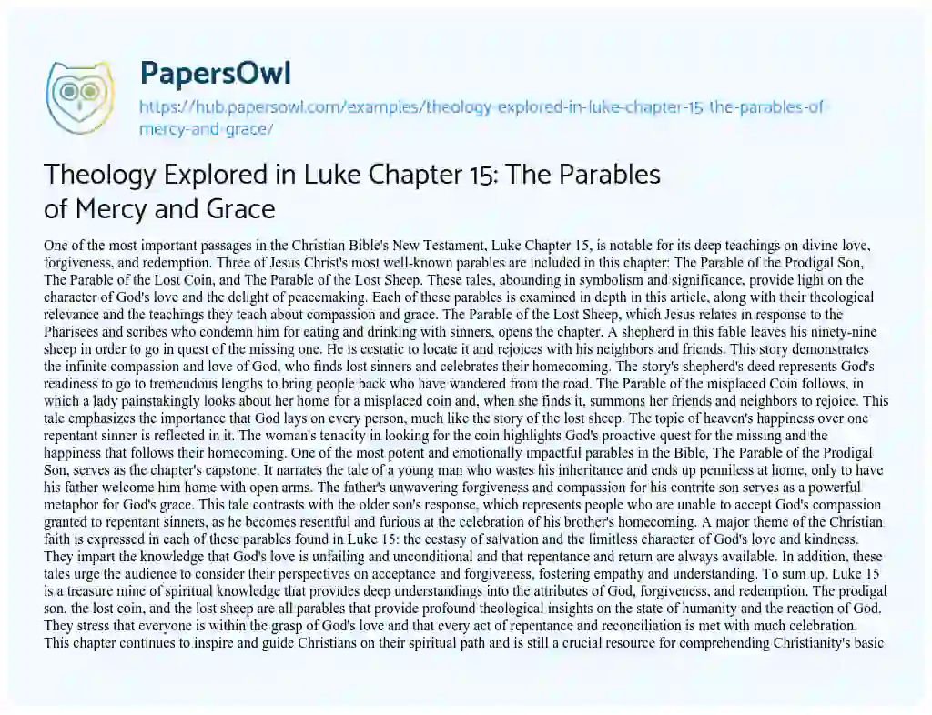 Essay on Theology Explored in Luke Chapter 15: The Parables of Mercy and Grace