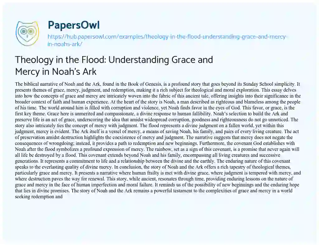 Essay on Theology in the Flood: Understanding Grace and Mercy in Noah’s Ark