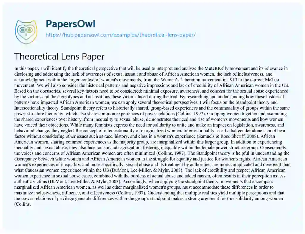 Essay on Theoretical Lens Paper