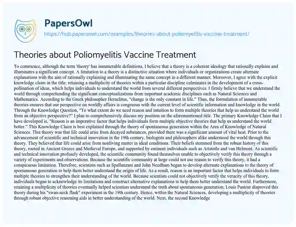 Essay on Theories about Poliomyelitis Vaccine Treatment