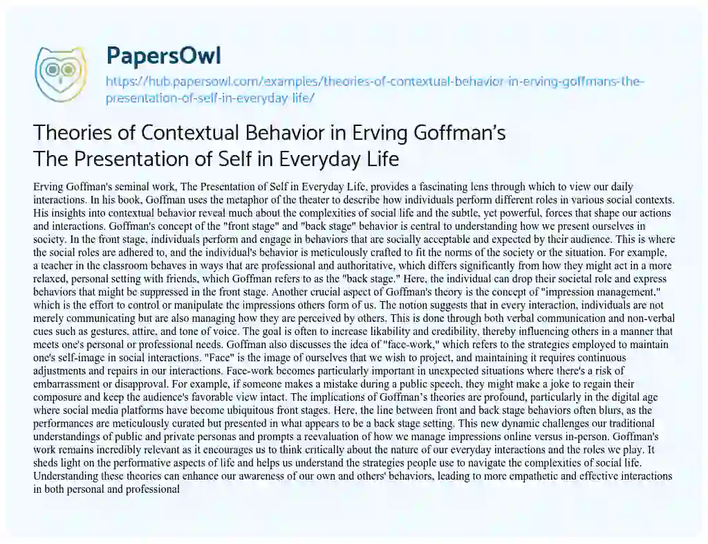 Essay on Theories of Contextual Behavior in Erving Goffman’s The Presentation of Self in Everyday Life