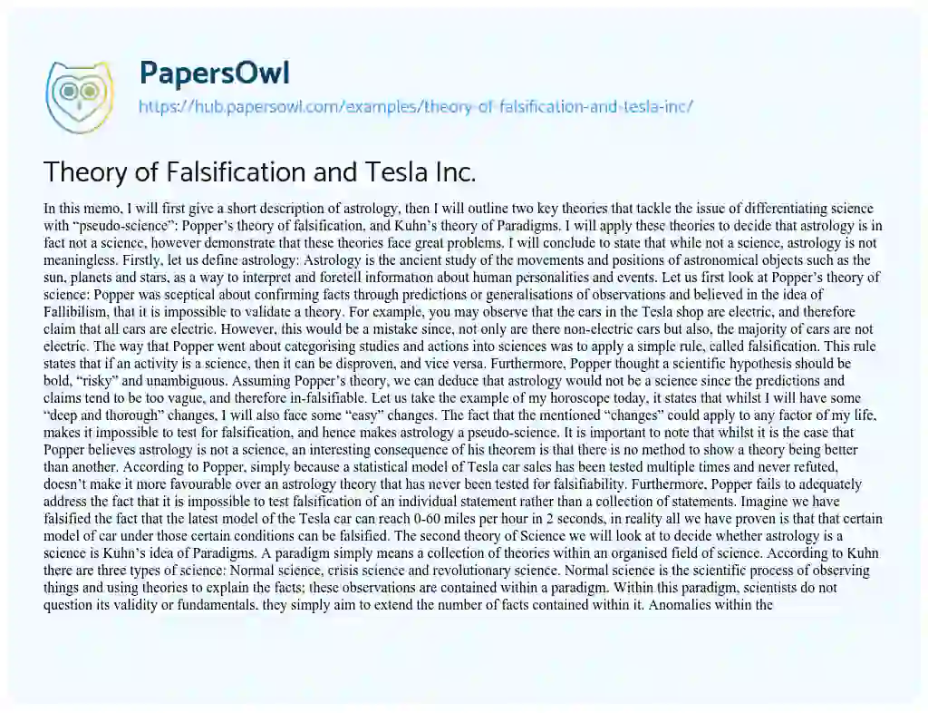 Essay on Theory of Falsification and Tesla Inc.