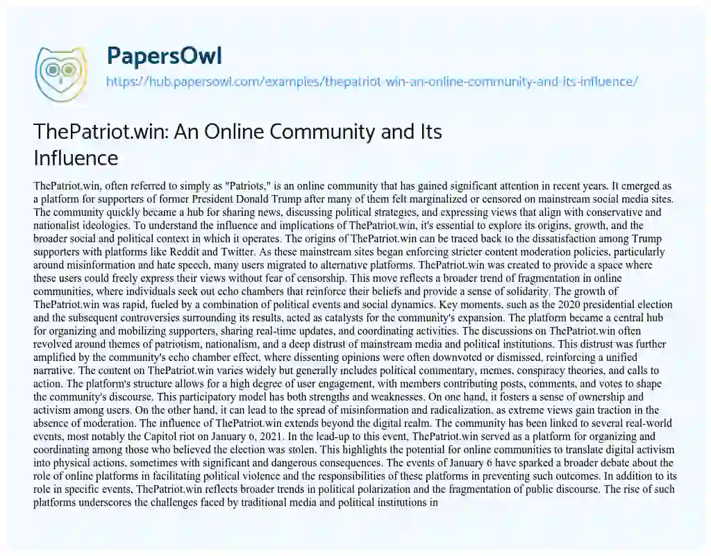 Essay on ThePatriot.win: An Online Community and Its Influence