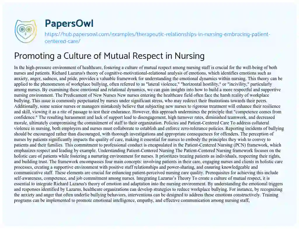 Essay on Promoting a Culture of Mutual Respect in Nursing
