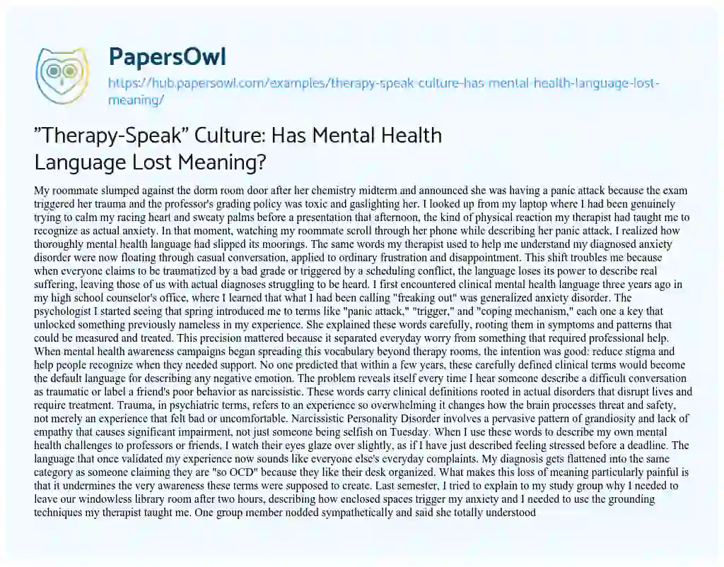 Essay on “Therapy-Speak” Culture: Has Mental Health Language Lost Meaning?
