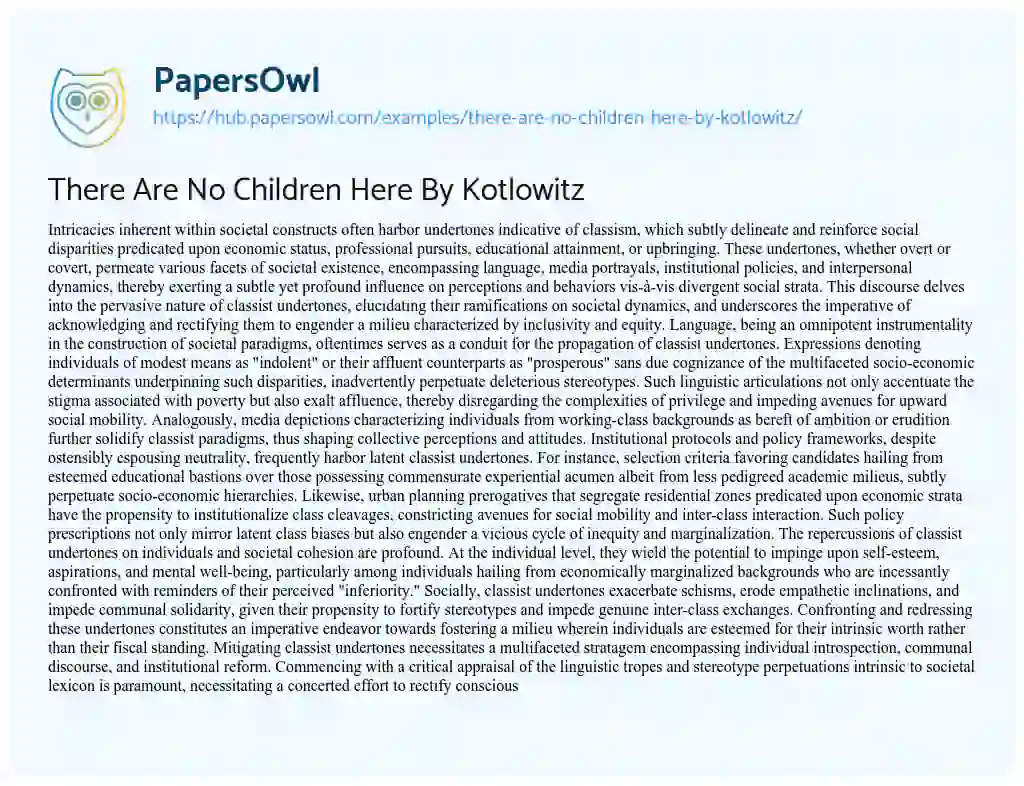 Essay on There Are No Children Here By Kotlowitz