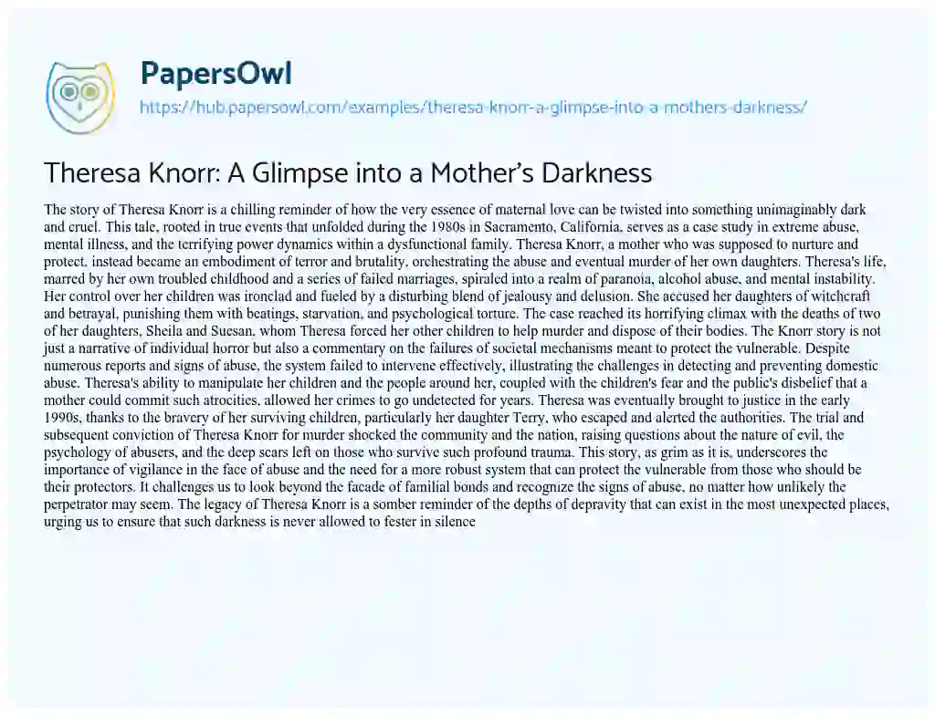 Essay on Theresa Knorr: A Glimpse into a Mother’s Darkness
