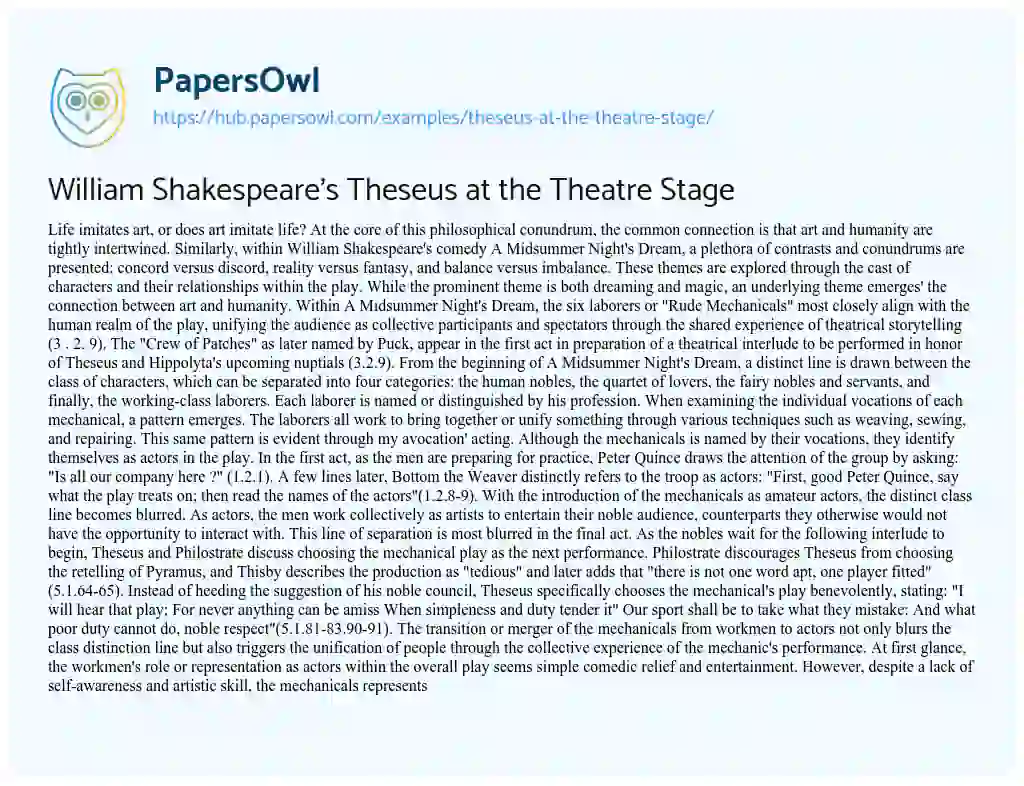 Essay on William Shakespeare’s Theseus at the Theatre Stage